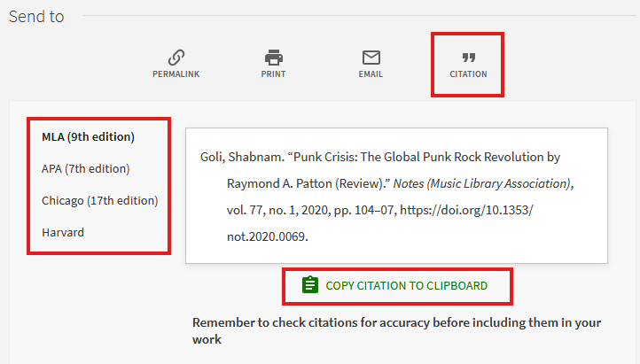 Send to Citation window