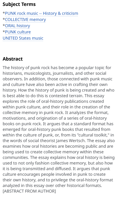 EBSCOHost database view of an article's subject terms and abstract