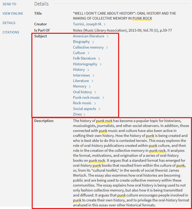 Detail of an article record, focusing on subject terms and the description