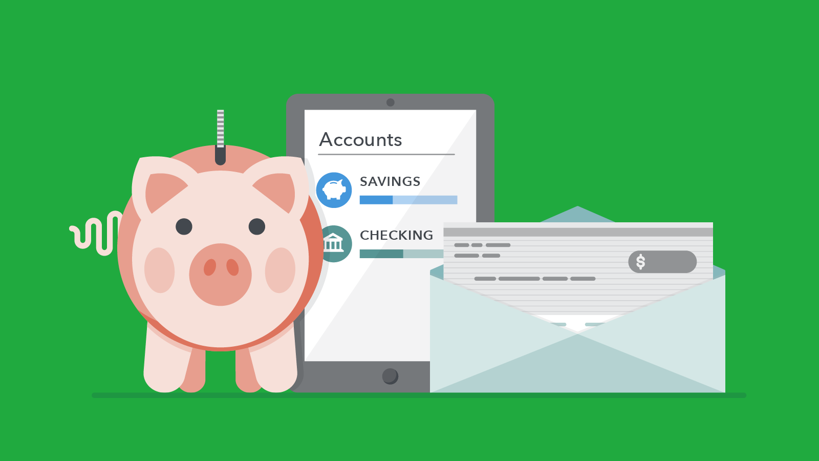 a piggy bank, a check, and checking and savings accounts