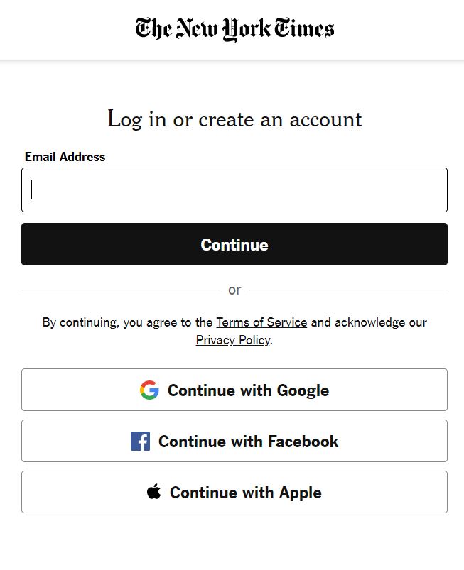 Screenshot of the New York Times login page.